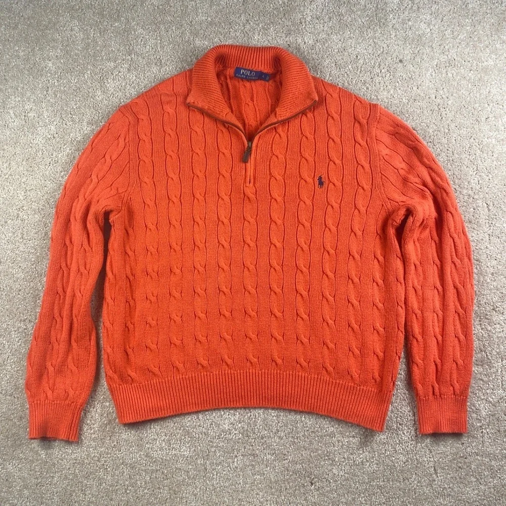 Polo‎ Ralph Lauren Mens Orange Cable Knit 1/4 Zip Cotton Sweater Large